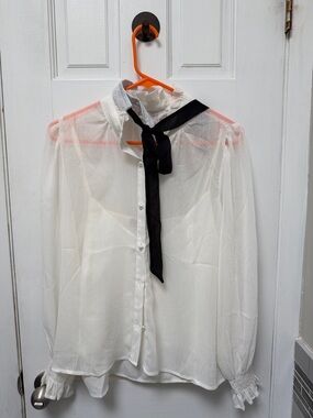Loft Sheer White Blouse with Black Neck Tie. Size LP
